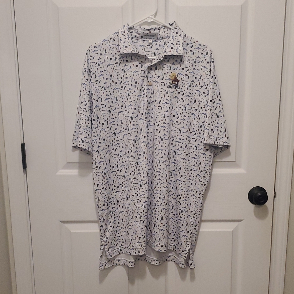 Peter Millar White Polo with Navy Micro-Print and Embroidered Crest